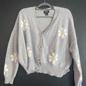 Gray Floral Knit Cardigan Sweater